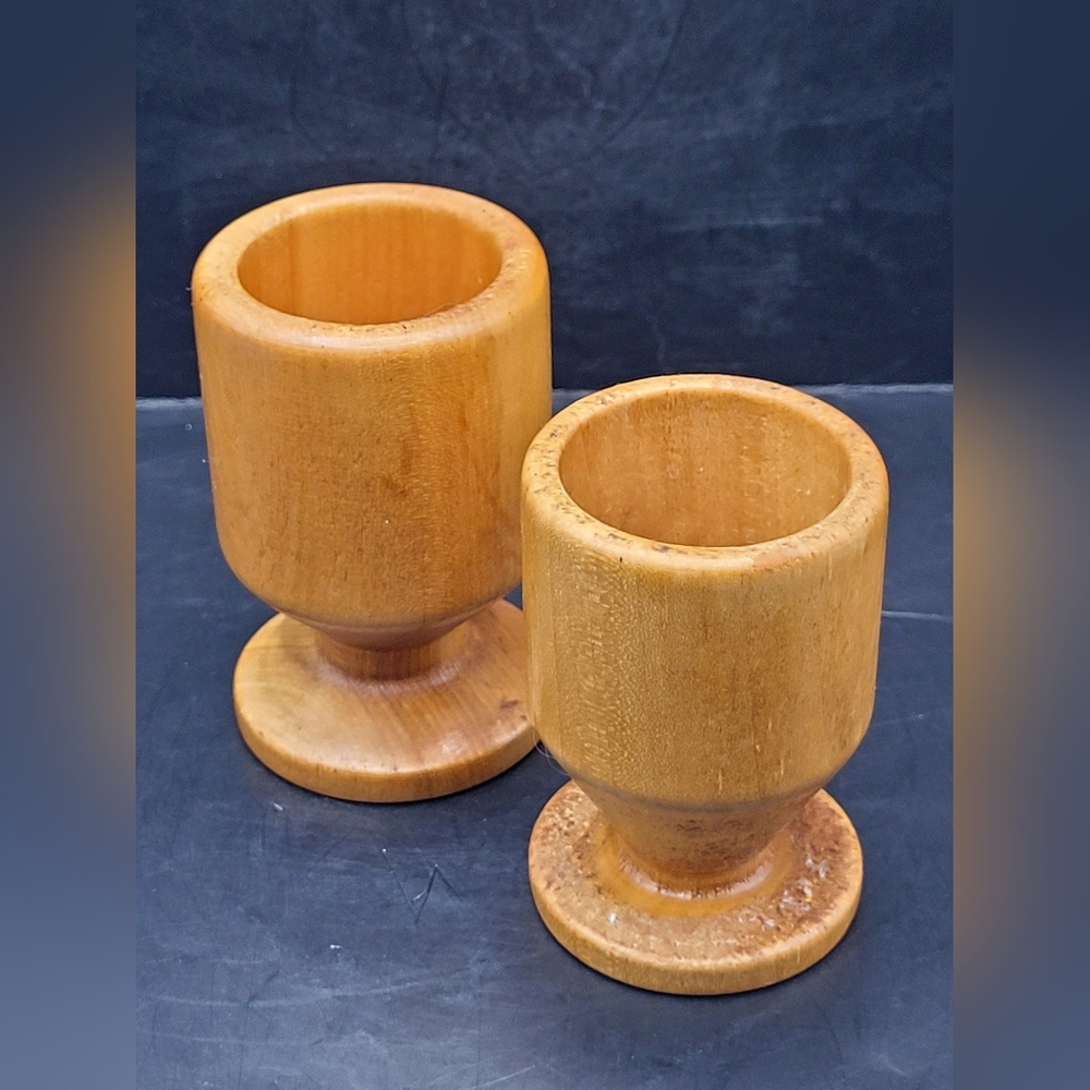 Vintage Pair Of Hand Turned Wooden Egg Cups Pair Signed Montana Folk Art